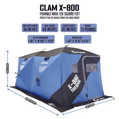 CLAM X-800 Portable 15'x8' 7 Person Pop Up Ice Fishing Thermal Hub Shelter Tent