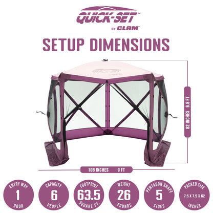 CLAM Quick-Set Venture 9x9 Ft Portable Outdoor Camping Canopy Shelter, Plum