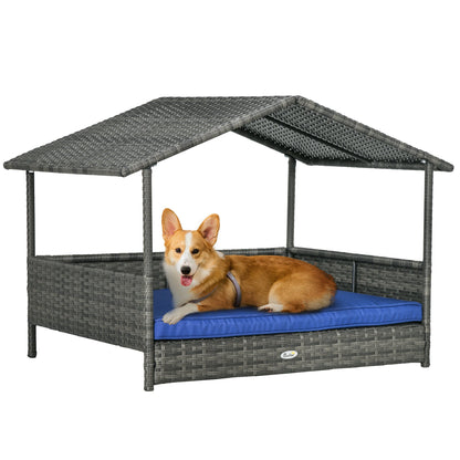 Wicker Dog House Outdoor with Canopy, Rattan Dog Bed with Water-resistant Cushion, for Small and Medium Dogs, Dark Blue