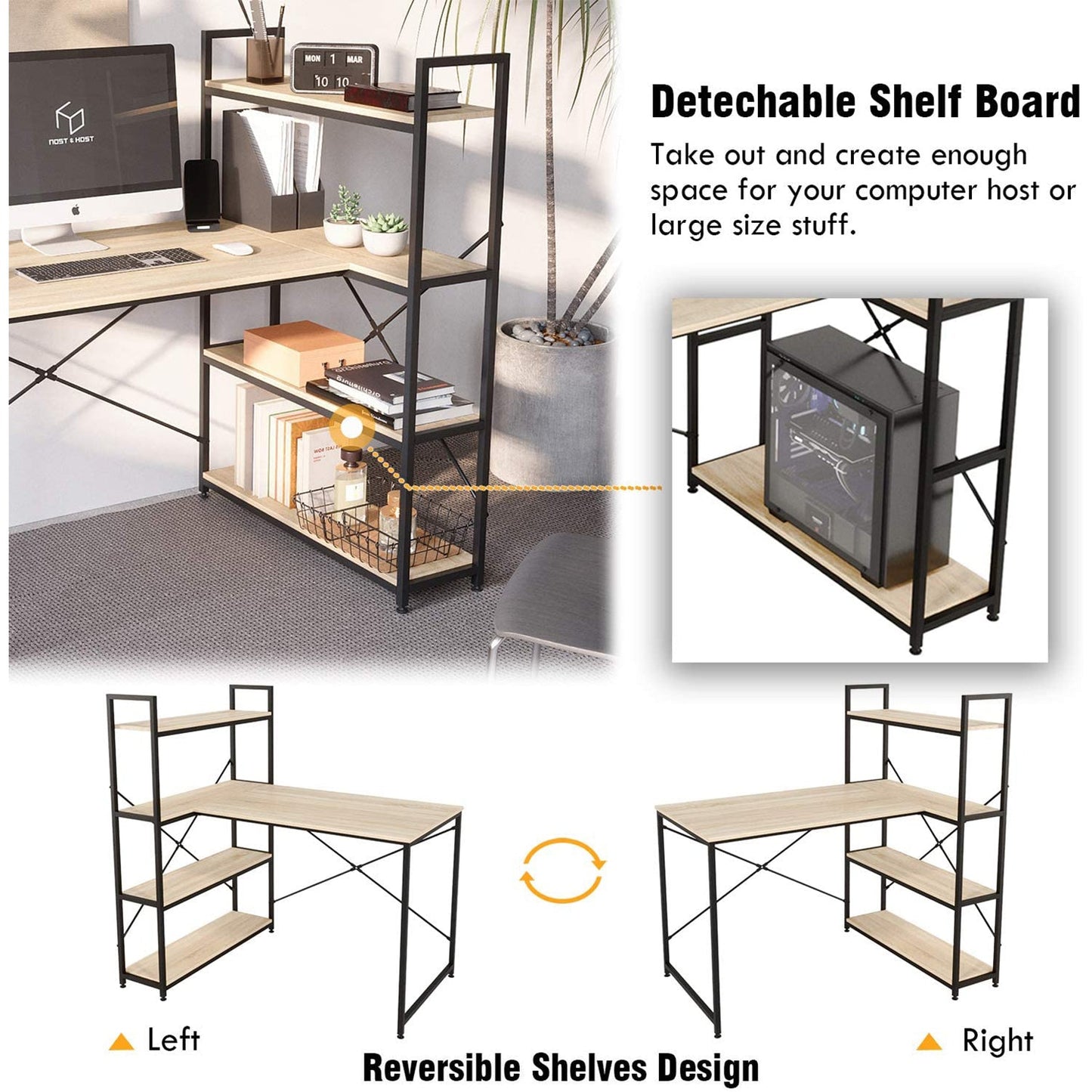 Nost & Host L Shaped Contemporary Home Office Computer Desk with Shelves, Oak