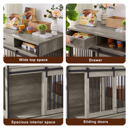 Sliding door dog crate with drawers. Grey,35.43" W x 23.62" D x 33.46" H