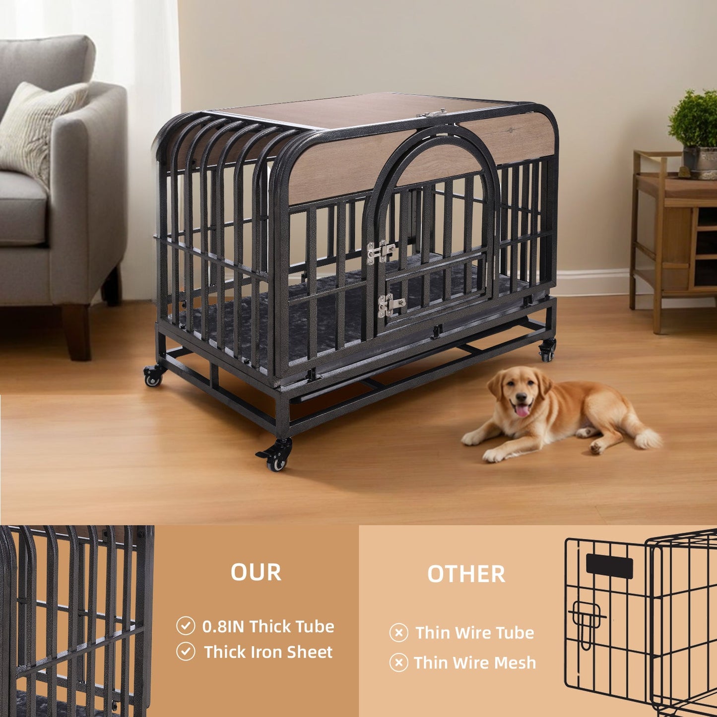 37in Heavy Duty Dog Crate, Furniture Style Dog Crate with Removable Trays and Wheels for High Anxiety Dogs