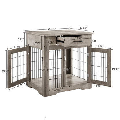 Furniture Style Dog Crate End Table with Drawer, Pet Kennels with Double Doors, Dog House Indoor Use, Grey, 29.9" W x 24.8" D x 30.71" H.