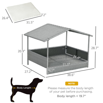 Wicker Dog House Outdoor with Canopy, Rattan Dog Bed with Water-resistant Cushion, for Small and Medium Dogs, Cream White