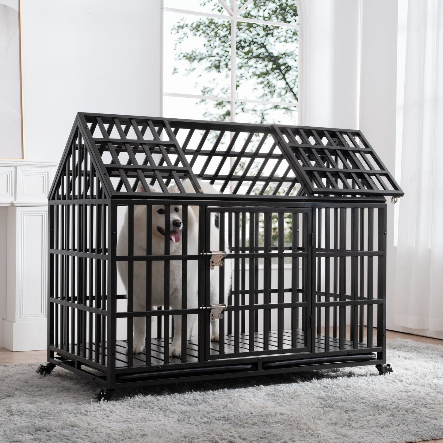 52" Heavy Duty Dog Crate Large Dog cage Strong Metal Dog Kennels and Crates for Large Dogs with 4 Lockable Wheels