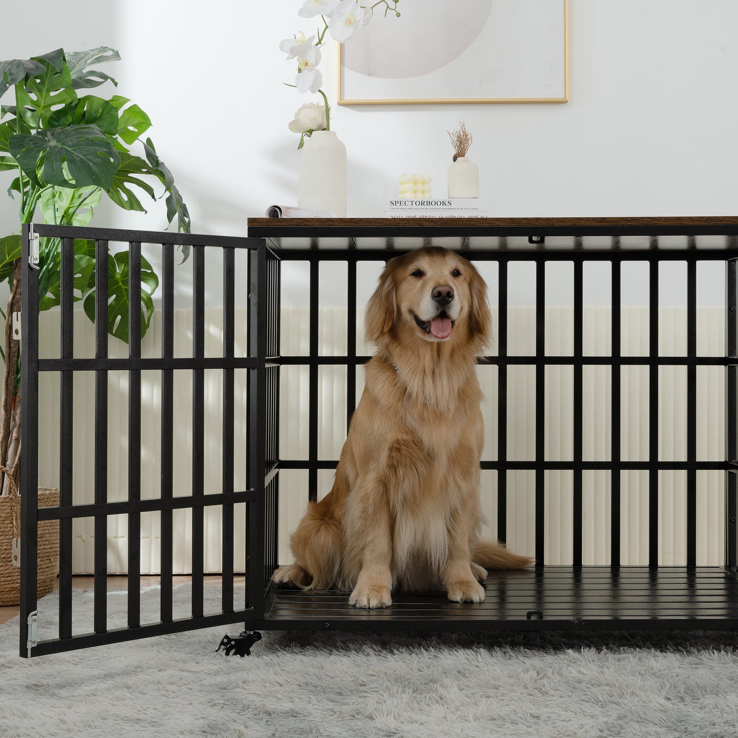 42" Heavy Duty Dog Crate for Large Medium Dogs, Furniture Style cage with 4 Lockable Wheels and 2 Locks, Decorative Pet House Wooden Cage Kennel Furniture Indoor