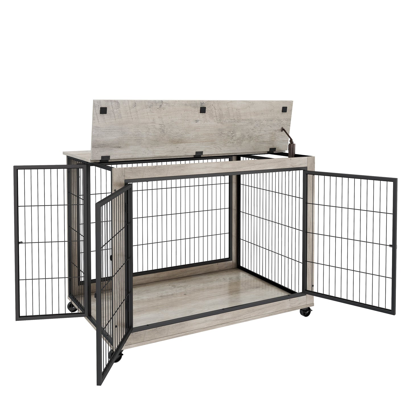 Furniture Style Dog Crate Side Table on Wheels with Double Doors and Lift Top. Grey, 43.7" W x 30" D x 31.1" H.