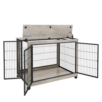 Furniture Style Dog Crate Side Table on Wheels with Double Doors and Lift Top. Grey, 43.7" W x 30" D x 31.1" H.