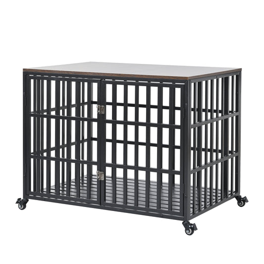 42" Heavy Duty Dog Crate for Large Medium Dogs, Furniture Style cage with 4 Lockable Wheels and 2 Locks, Decorative Pet House Wooden Cage Kennel Furniture Indoor