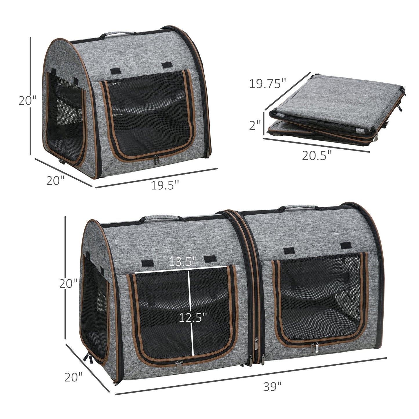 39" Portable Soft-Sided Pet Cat Carrier with Divider, Two Compartments, Soft Cushions, & Storage Bag, Grey