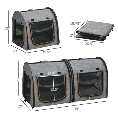 39" Portable Soft-Sided Pet Cat Carrier with Divider, Two Compartments, Soft Cushions, & Storage Bag, Grey