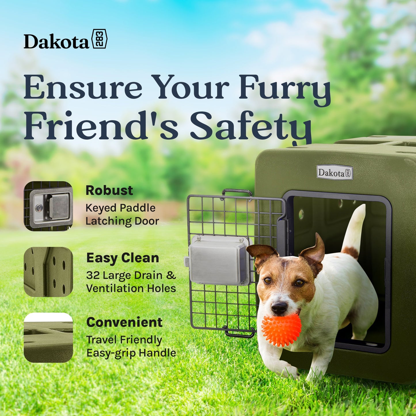 Dakota 283 G3 Small Easy To Clean Dog Kennel w/ Handle & Latching Door, Olive