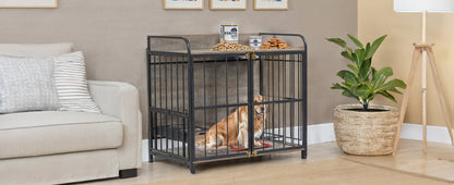 39" Indoor Metal Dog Crate with Double Doors, Wooden Side End Table Crate, Dog Crate Furniture with Adjustable Feeder Stand, for Medium Dog, Gray