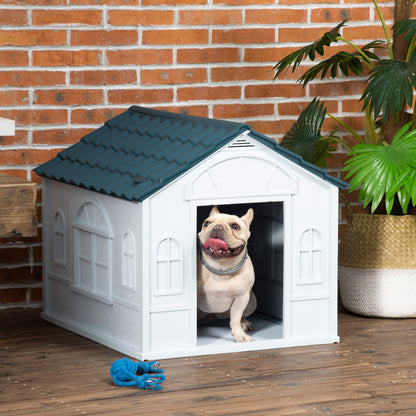 Plastic Dog House, Water Resistant Puppy Shelter Indoor Outdoor with Door, for Medium and Small Dogs, Blue