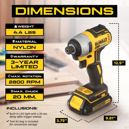 DeWalt 20V MAX Brushless Cordless Impact Driver Kit with Charger and Kit Bag