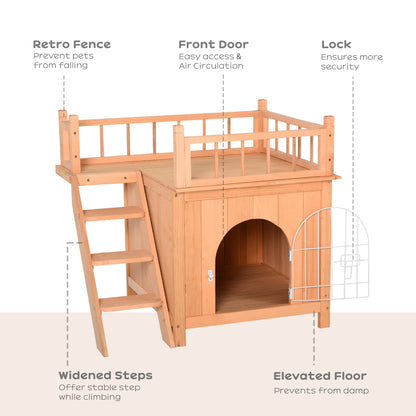 2-Level Wooden Cat House, Outdoor Dog Shelter Cat Condo with Lockable Wire Door and Balcony, Natural Wood