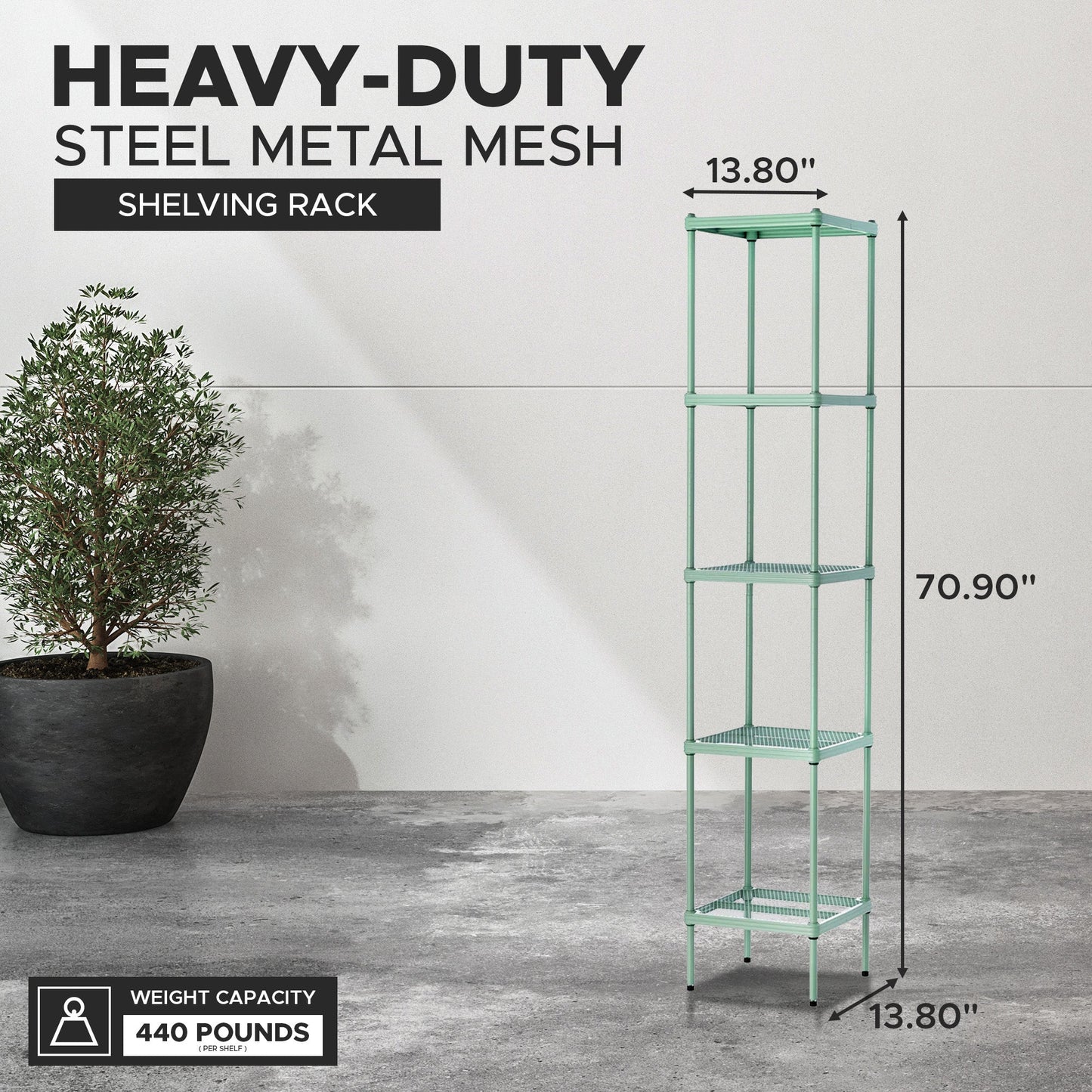 Design Ideas MeshWorks 5 Tier Tower Metal Storage Shelving Unit Rack, Sage Green