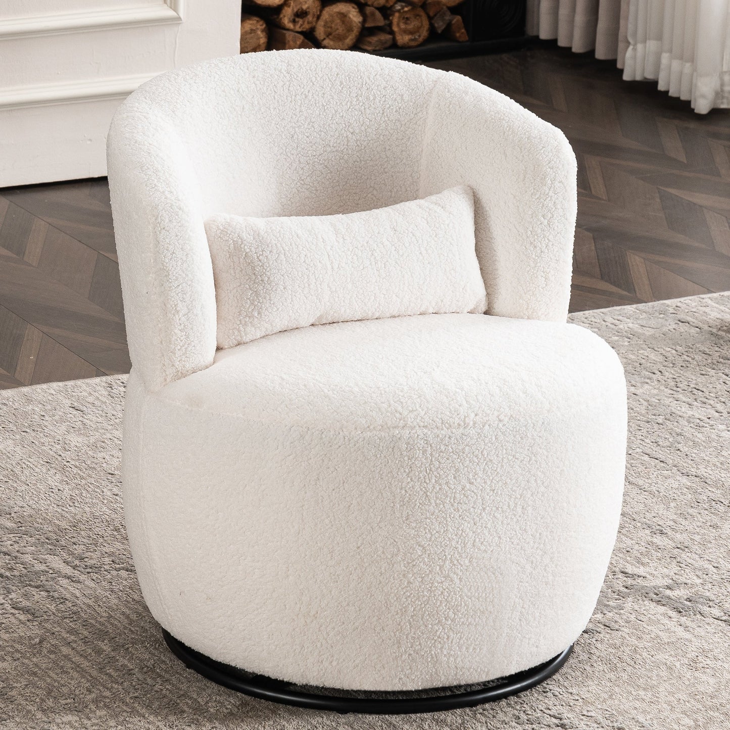 White Plush Swivel Accent Chair - Contemporary Round Armchair with 360 Rotation and Metal Base for Living Room Elegance