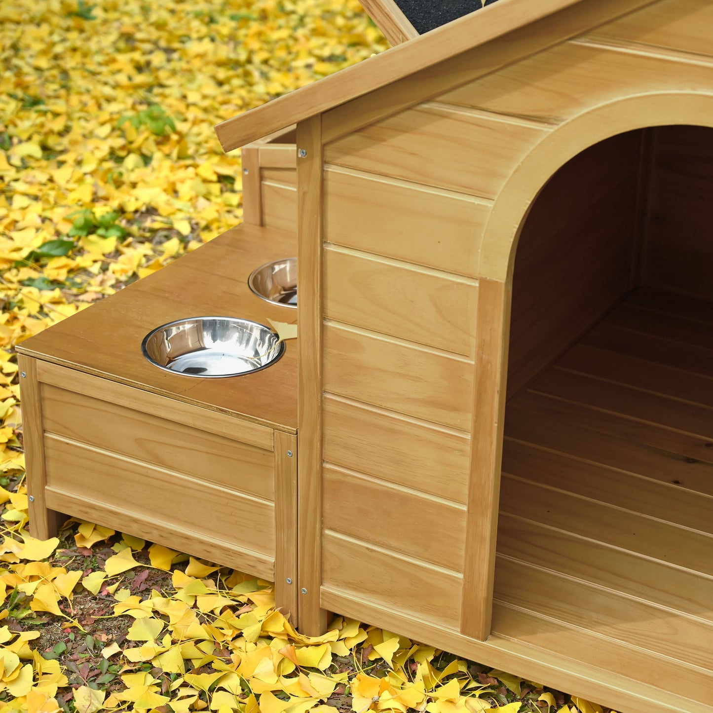 51.18" L x 43.7" W x 37" H Large Size Wooden Dog House, Dog Crate For large dog breeds, Cabin Style Raised Dog Shelter with Asphalt Roof, Solid Wood, Weatherproof, Nature