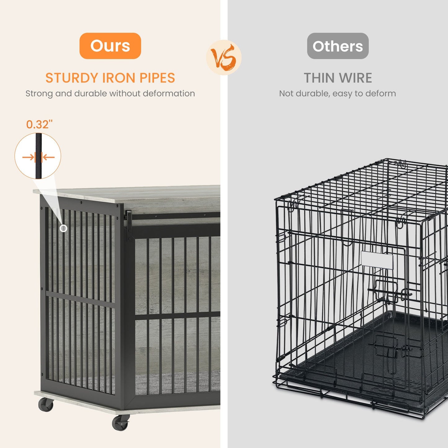 Furniture dog crate sliding iron door dog crate with mat. (Grey,43.7"W x 30"D x 33.7"H)