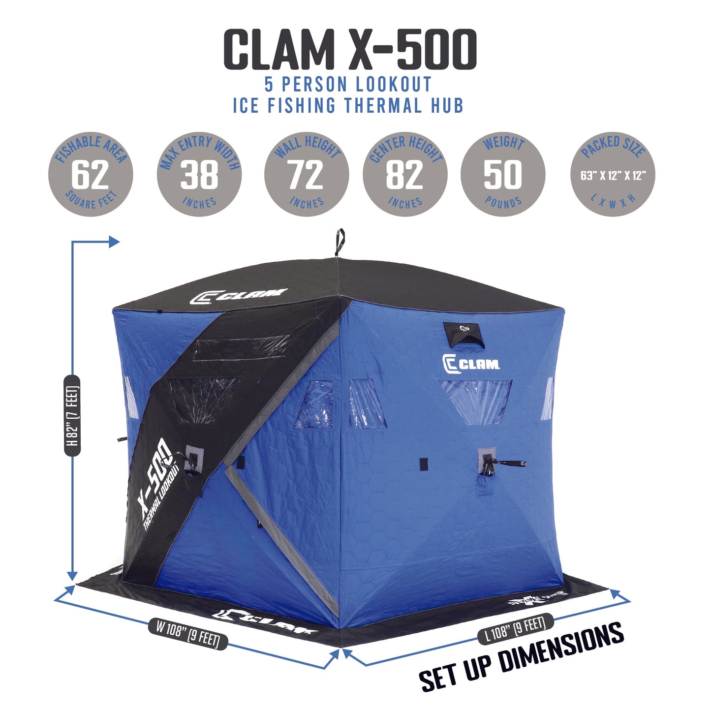 CLAM X-500 Portable 9 Ft 5 Person Lookout Ice Fishing Thermal Hub Shelter Tent