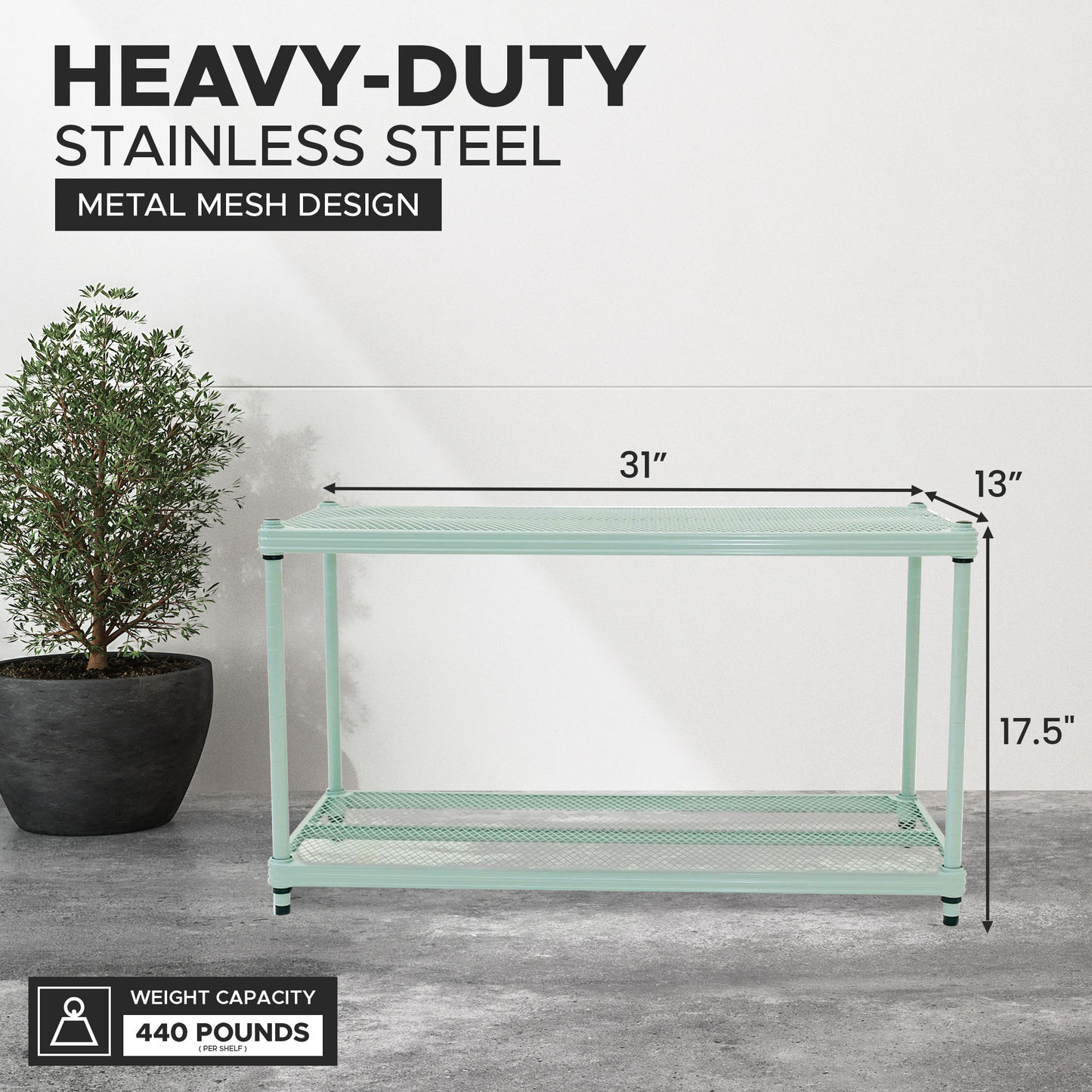 Design Ideas MeshWorks 2 Tier Full Size Metal Storage Shelving Unit, Sage Green