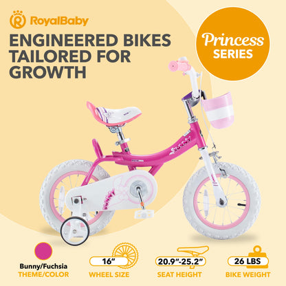 RoyalBaby Princess Girl Bike 16" w/Training Wheels & Kickstand, Bunny/Fuchsia