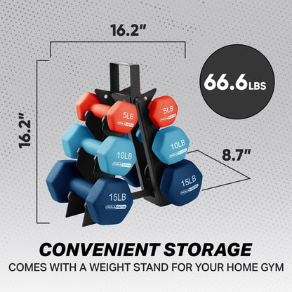 HolaHatha 5, 10, and 15 Pound Neoprene Dumbbell Weight Set with Storage Rack