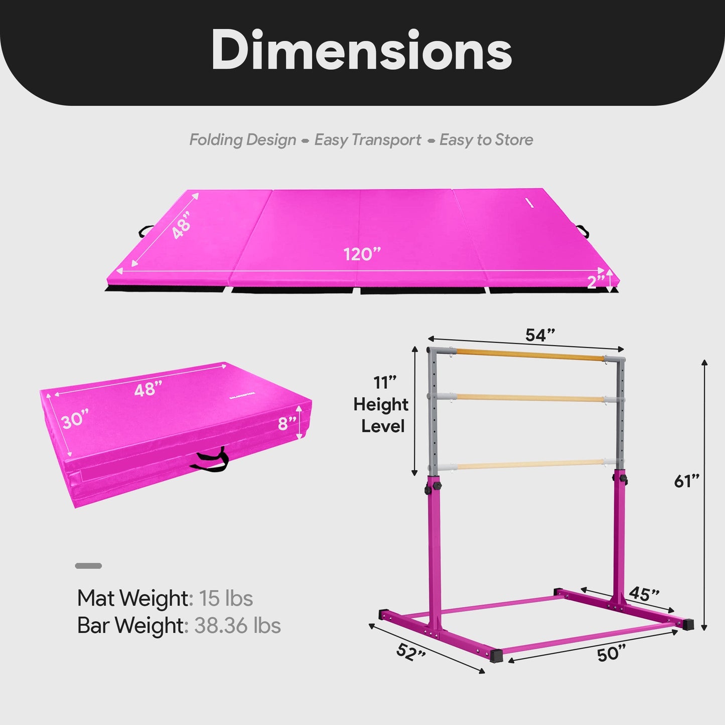 BalanceFrom Fitness 120 x 48 Inch Exercise Mat & Adjustable Gymnastics Bar, Pink