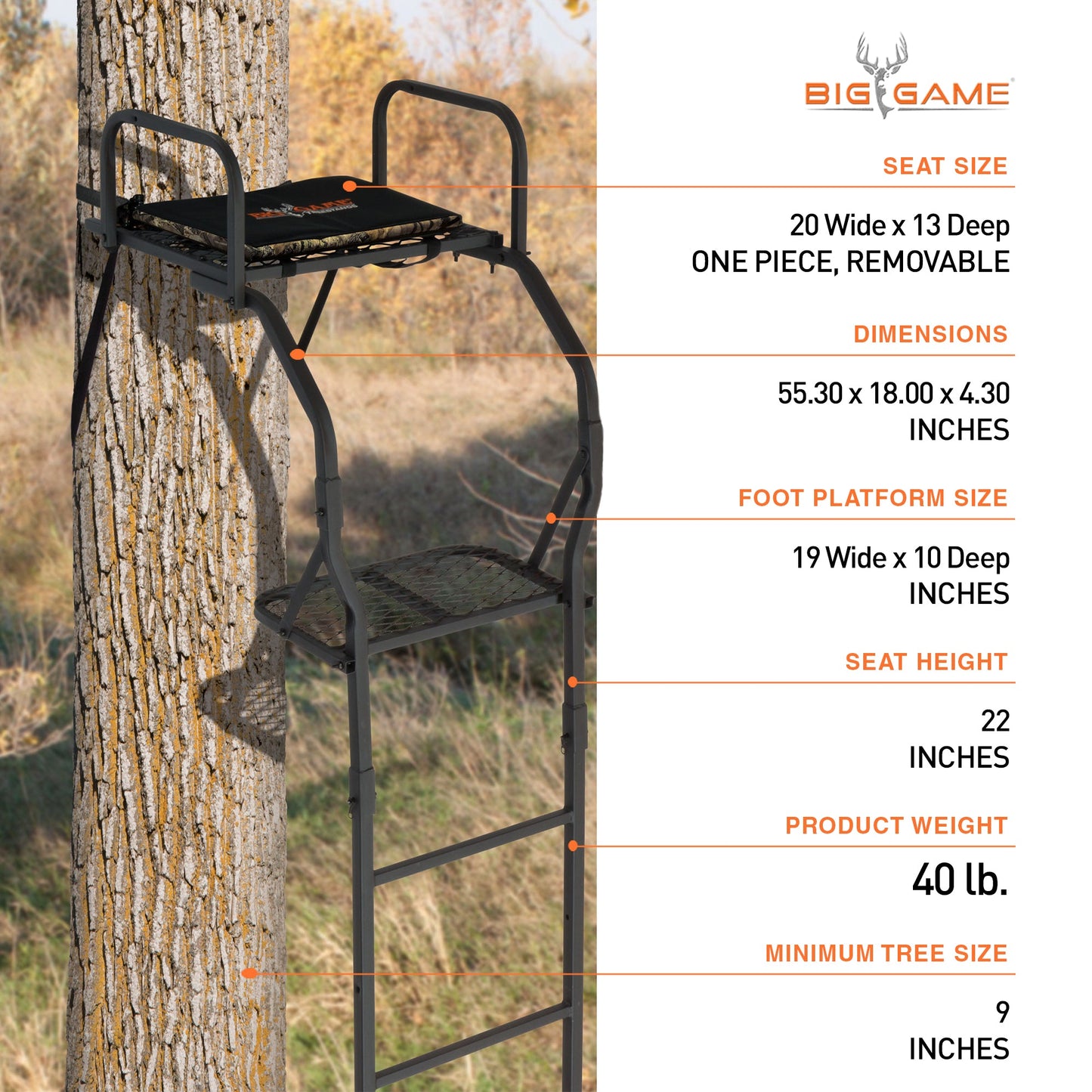 Big Game The Warrior Pro 1 Person Deer Hunting Ladder Climbing Tree Stand, Black