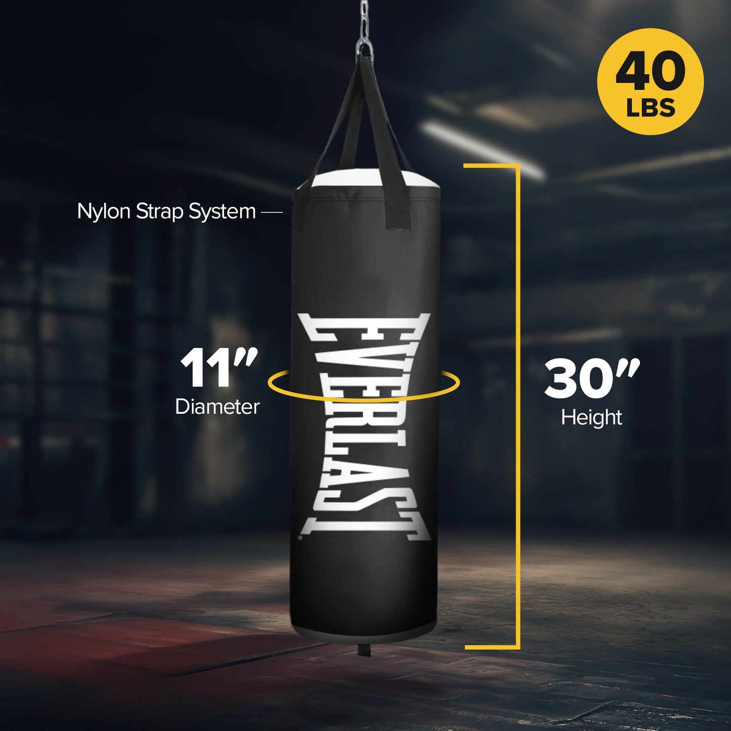 Everlast Core Heavy Bag with Reinforced Nylon Hanging Strap and D Rings, Black