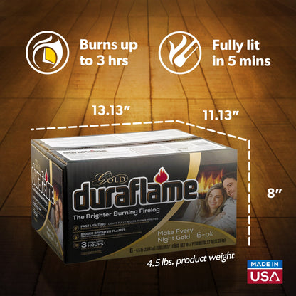 Duraflame Clean Burning Gold Firelogs 3 Hour Burn Indoor/Outdoor Flames, 6 Pack