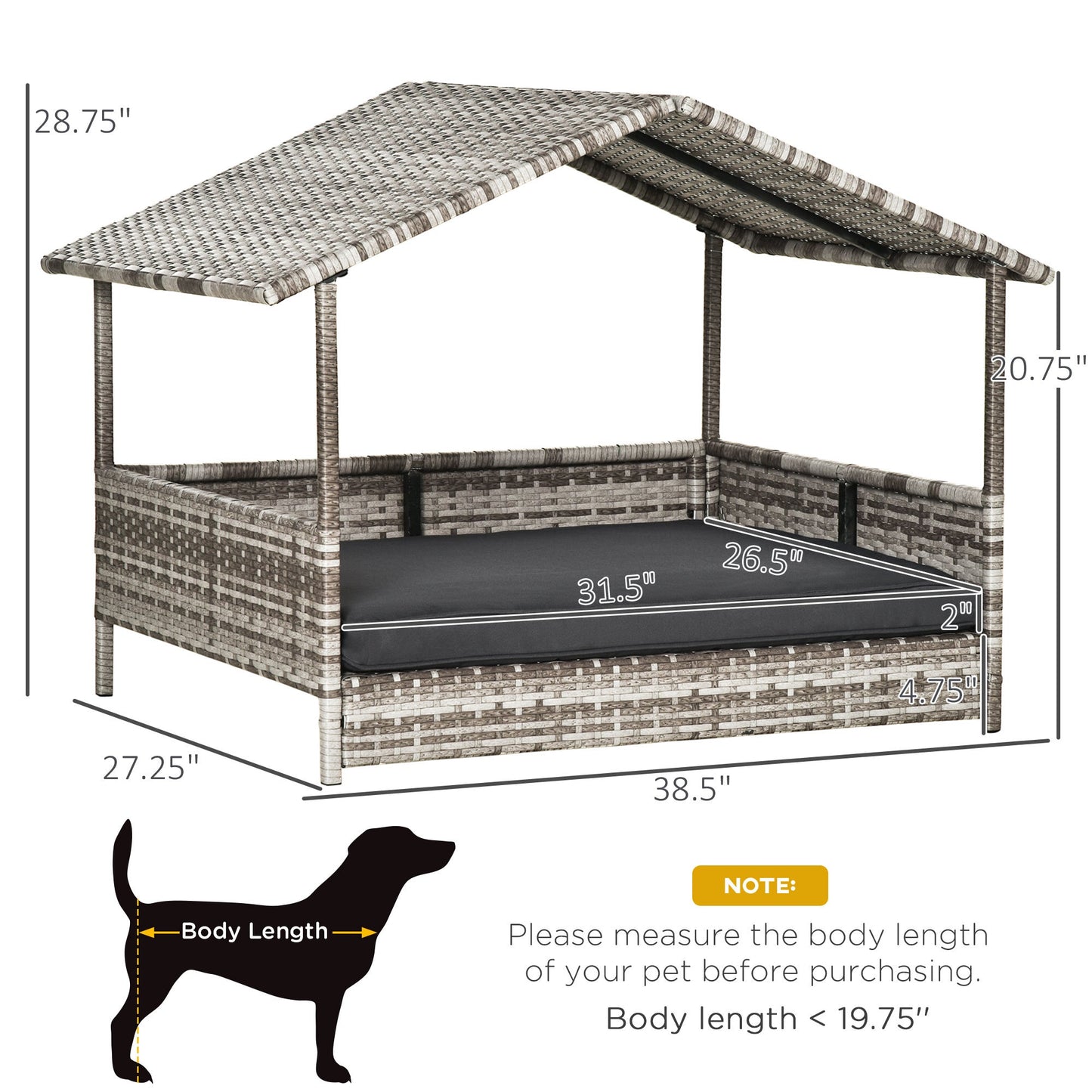 Wicker Dog House Outdoor with Canopy, Rattan Dog Bed with Water-resistant Cushion, for Small and Medium Dogs, Cream