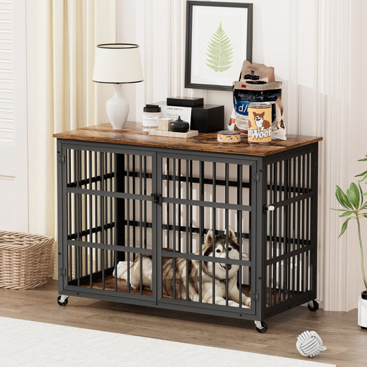 Furniture style dog crate wrought iron frame door with side openings, Rustic Brown, 43.3"W x 29.9"D x 33.5"H.