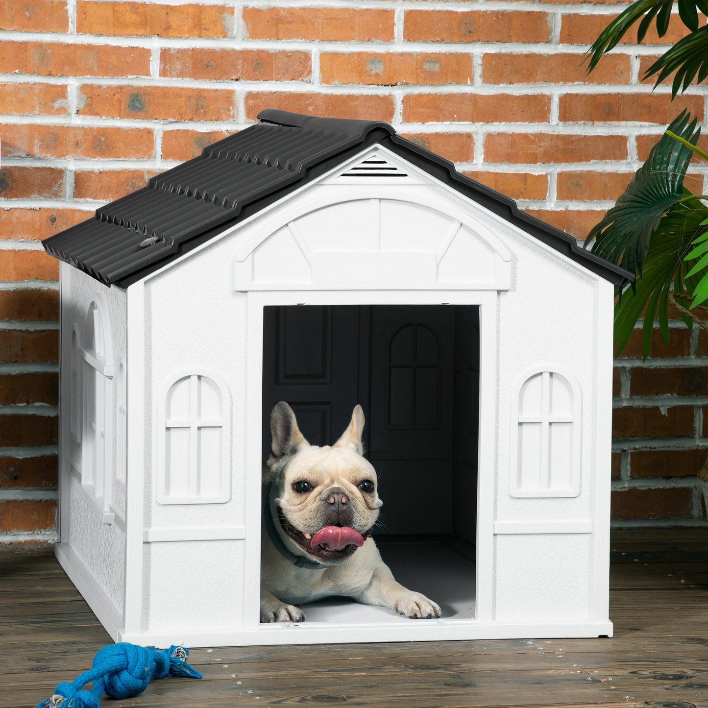 Plastic Dog House, Water Resistant Puppy Shelter Indoor Outdoor with Door, for Medium and Small Dogs, Gray