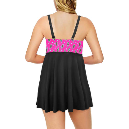 Pink Lightning Bolt Swim Dress & Shorts Set