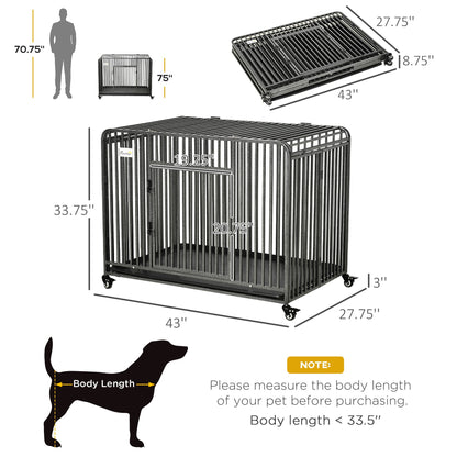 Foldable Heavy Duty Dog Cage, Chew Proof Dog Crate on Wheels, Portable Dog Crate Kennel with Removable Tray, Large and Medium Pups, 43"