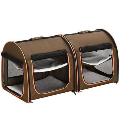 39" Portable Soft-Sided Pet Cat Carrier with Divider, Two Compartments, Soft Cushions, & Storage Bag, Brown