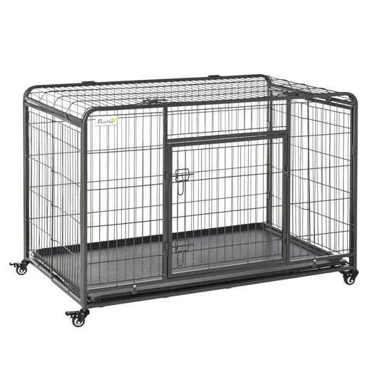 Folding Design Heavy Duty Metal Dog Cage Crate & Kennel with Removable Tray and Cover, & 4 Locking Wheels, Indoor/Outdoor 49"