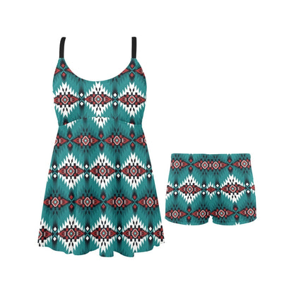 Teal Aztec Swim Dress & Shorts Set