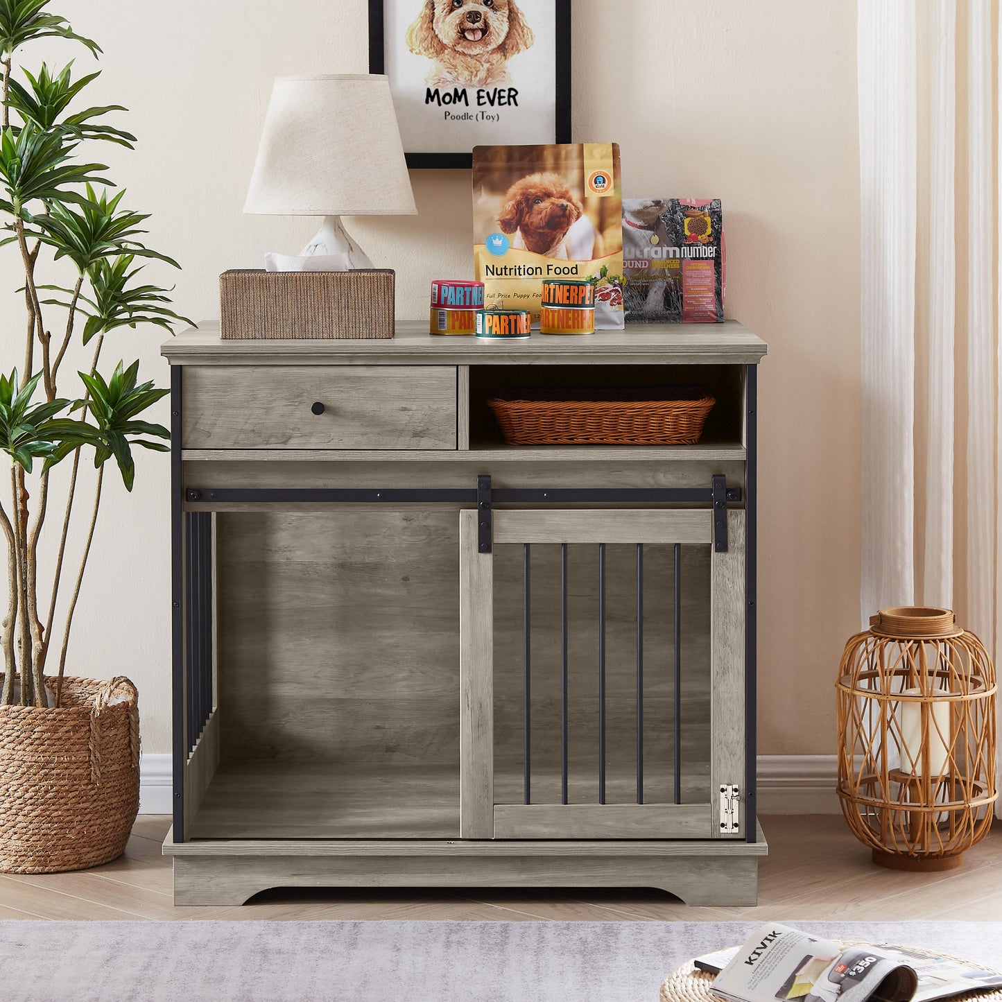 Sliding door dog crate with drawers. Grey,35.43" W x 23.62" D x 33.46" H