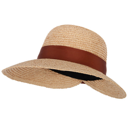 Women's Raffia Braid Bow Ribbon Band Accented Large Brim Sun Hat