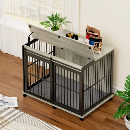 Furniture dog crate sliding iron door dog crate with mat. (Grey,43.7"W x 30"D x 33.7"H)