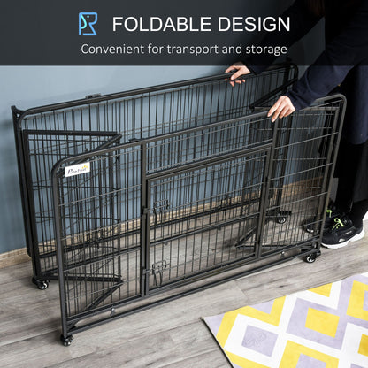 Folding Design Heavy Duty Metal Dog Cage Crate & Kennel with Removable Tray and Cover, & 4 Locking Wheels, Indoor/Outdoor 49"