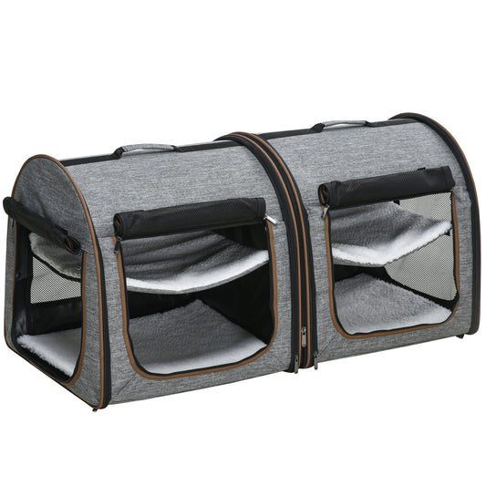 39" Portable Soft-Sided Pet Cat Carrier with Divider, Two Compartments, Soft Cushions, & Storage Bag, Grey