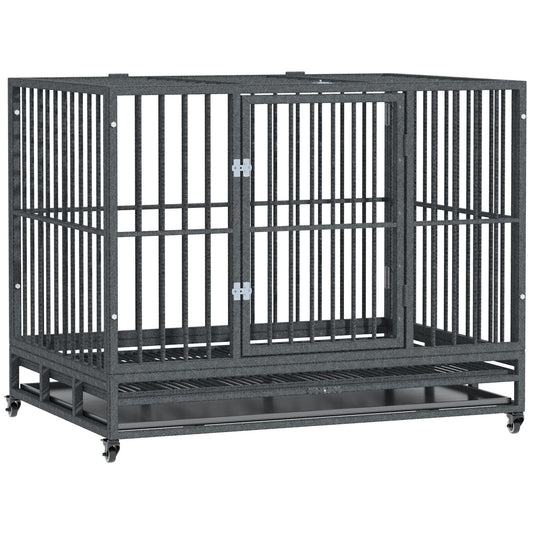 43" Heavy Duty Dog Crate Metal Cage Kennel with Lockable Wheels, Double Door and Removable Tray, Grey