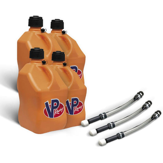 VP Racing 4 Pack Orange 5.5 Gallon Square Utility Jugs + 3 Deluxe Fill Hoses