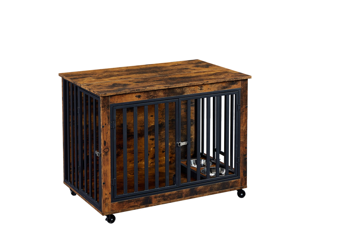 Furniture Style Dog Crate Side Table With Feeding Bowl, Wheels, Three Doors, Flip-Up Top Opening. Indoor, Rustic Brown, 38.58"W x 25.2"D x 27.17"H