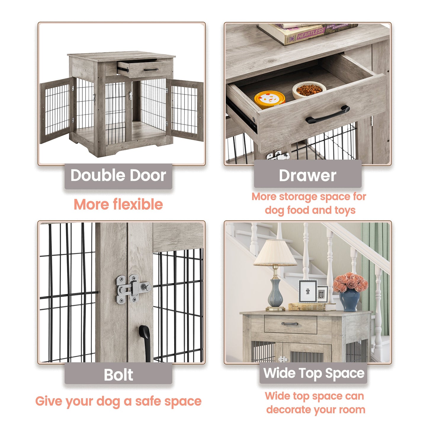 Furniture Style Dog Crate End Table with Drawer, Pet Kennels with Double Doors, Dog House Indoor Use, Grey, 29.9" W x 24.8" D x 30.71" H.