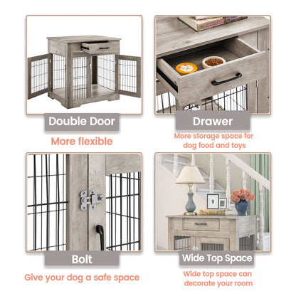 Furniture Style Dog Crate End Table with Drawer, Pet Kennels with Double Doors, Dog House Indoor Use, Grey, 29.9" W x 24.8" D x 30.71" H.